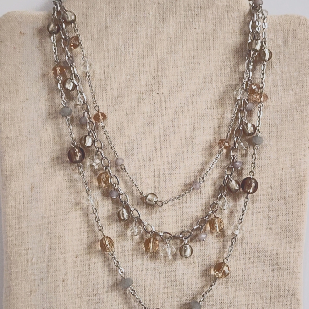 White House/Black Market THREE Strand Taupe and Gray Bead Necklace